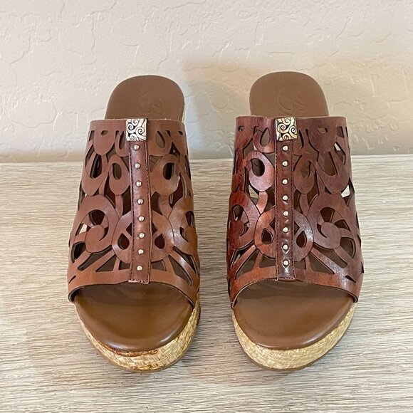 Brighton Sandals 6 Daria Brown Leather Silver Charm Woven Platform Wedge Slide - Picture 7 of 11